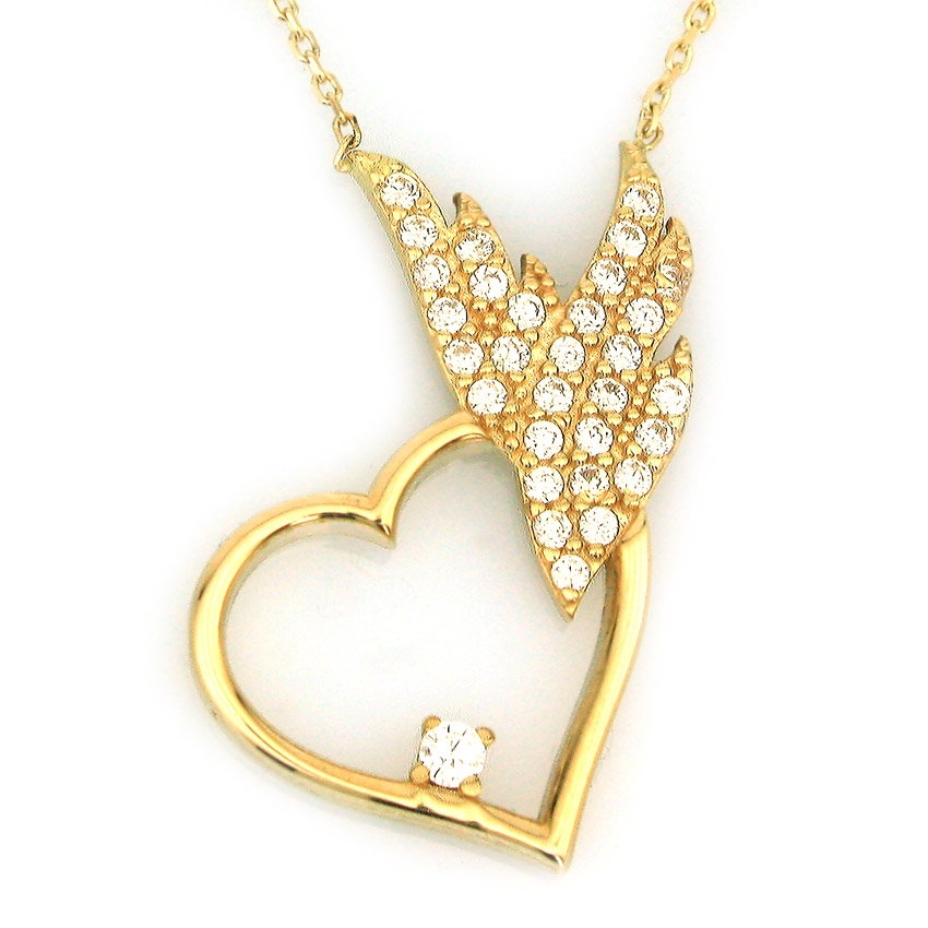 Altın Taşlı Kalpli Kanatlı Altın Kolye (14 Ayar) Modelleri