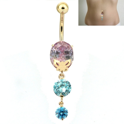 Altın Aquamarine ve Ametist Göbek Piercing (14 Ayar)