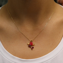 Altın Kırmızı Sedefli Çiçek Kolye (14 Ayar) - Thumbnail