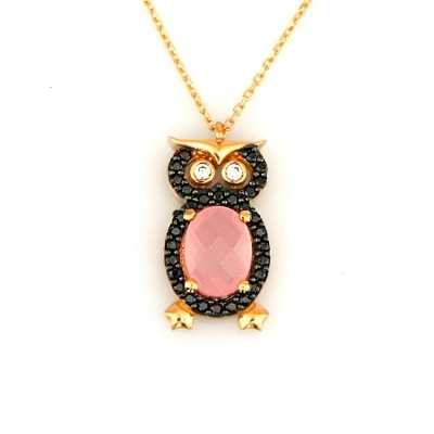 kuyumcunuznet - Pembe Quartz (Kuvars) Baykuş Kolye (14 Ayar)