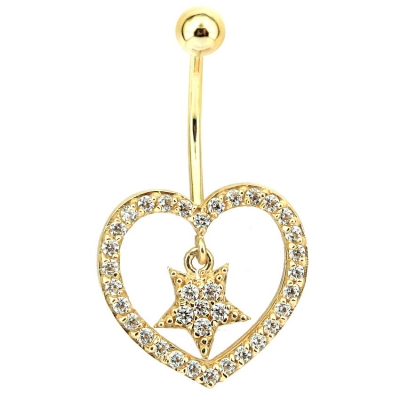 Sallantılı Kalp Yıldız Model Altın Göbek Piercing (14 Ayar)
